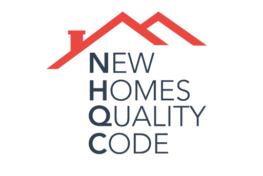Logo featuring a red roof design with the text "New Homes Quality Code" arranged vertically beside it.