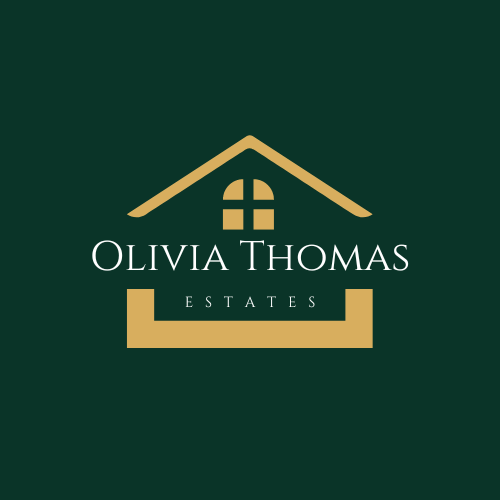 A logo features a stylized house with a window above the text “Olivia Thomas Estates” on a dark green background.